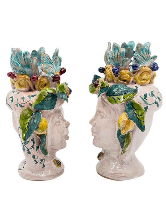 Coppia di Teste di Moro in Ceramica Siciliana – Uomo e Donna Decorate a Mano 20 cm