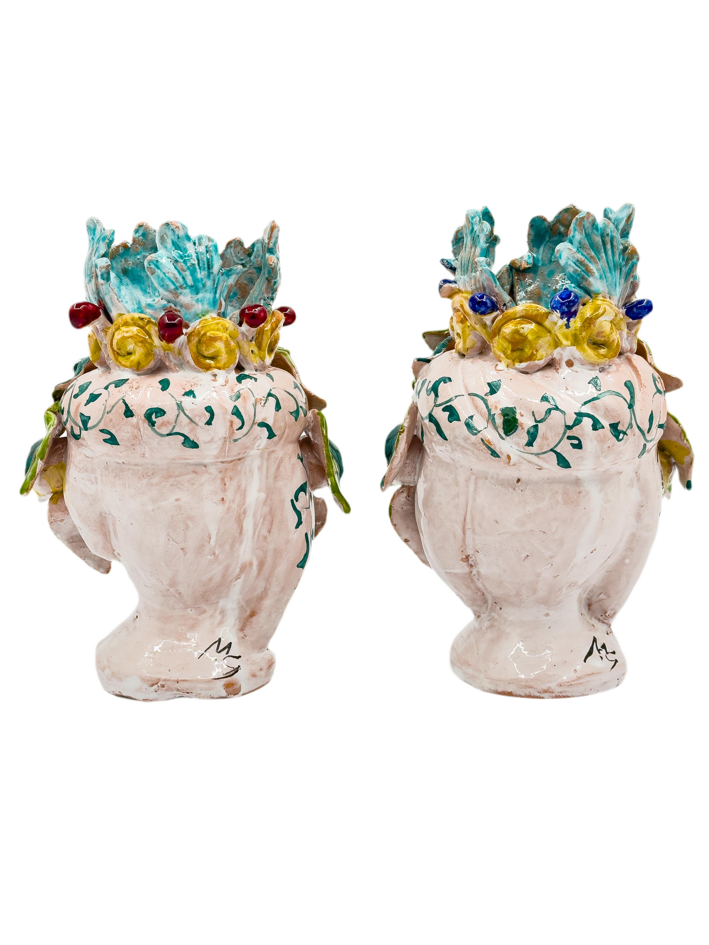 Coppia di Teste di Moro in Ceramica Siciliana – Uomo e Donna Decorate a Mano 20 cm