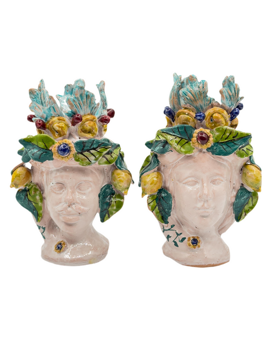Coppia di Teste di Moro in Ceramica Siciliana – Uomo e Donna Decorate a Mano 20 cm